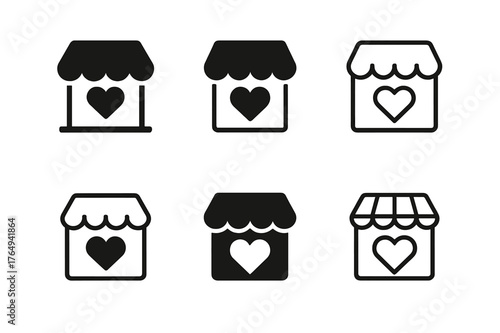 Harmonious Heart Logos. Social impact of businesses. Set Logo of local storefront with heart: harmonious logo variations of the same emblematic concept, each