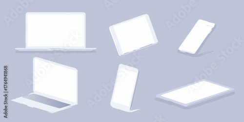 Wallpaper Mural Collection of modern electronic devices including laptops tablets and smartphones with blank white screens on a muted blue background Torontodigital.ca