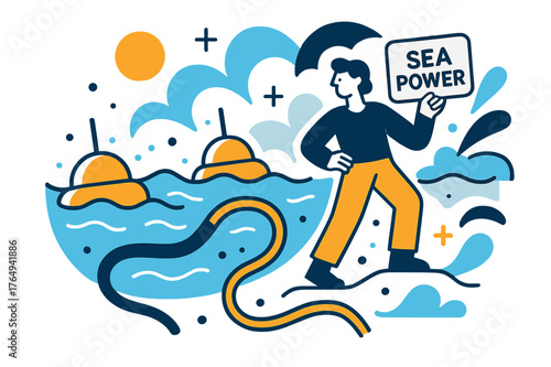 Sea Power Floats. Tidal & Wave Energy. Bobbing floats rhythmically pump as a submarine cable snakes to shore; a tag says ?Sea Power.? Foam dots sparkle around