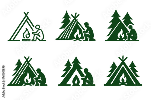 Wilderness Skills Logos. Survival and wilderness skills tourism. Set Logo of Survival and wilderness skills tourism: Bushcraft shelter building. harmonious