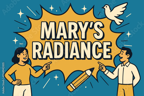 Comic Burst Banner. Mary?s Radiance banner, flat vector illustration, bold oversized text inside comic burst banner, cartoon characters standing and pointing