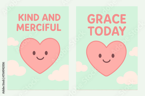 Kind and Graceful Banners. Mercy. Two vertical A6 banners with safe margins, centered composition, no elements touching edges, cartoon, pastel mint and pink,