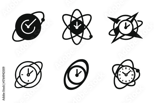 Futuristic Logo Grid. Art in science fiction and speculative fiction. Set Logo of Art in science fiction and speculative fiction: Temporal timepiece.