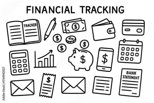 Financial Tools Icons. Financial Tracking. Hand-drawn doodle illustration Financial Tracking notebook, pen, coins, bills, wallet, credit card, calculator,