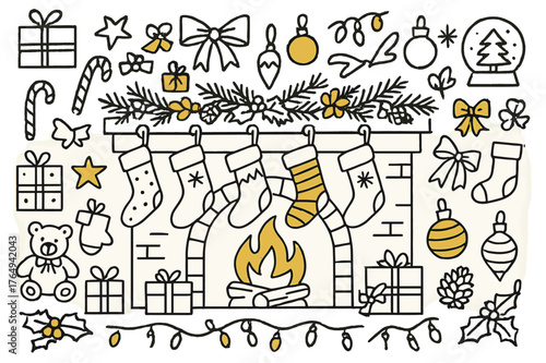 Festive Mantel Decor. Stockings on mantel. Hand-drawn doodle illustration Christmas stockings (colored), fireplace (colored), mantel (colored), candy canes