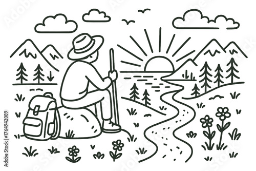 Solitary Sunset Gaze. Solitary Traveler. Hand-drawn doodle illustration Solitary Traveler person sitting on rock, gazing at sunset, mountains, clouds, river,