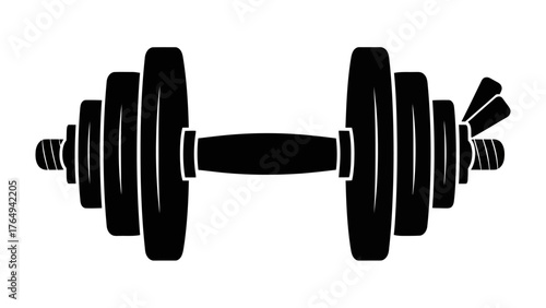 Fitness Icon: A sleek, black dumbbell silhouette stands alone, a powerful emblem of strength, training and physical fitness. This image is a versatile visual for workout programs.