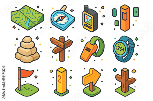 Trail Navigation Icons. Trail navigation. Colorful isometric vector icons set of Trail navigation: topographic map, baseplate compass, handheld GPS, trail