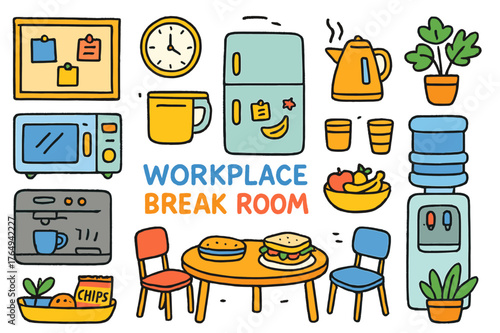 Colorful Break Room Doodle. workplace break room. Colorful Hand-drawn doodle Children illustration workplace break room coffee machine, microwave, fridge,