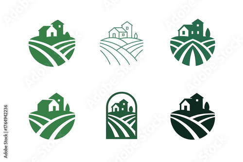 Agritourism Logo Variations. Rural travel and agritourism. Set Logo of Rural travel and agritourism: vineyard rows leading to a hillside farmhouse. harmonious