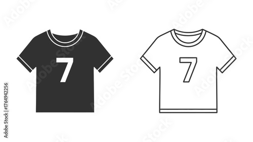 Sports Jersey 7 Number: A minimalistic portrayal of a sports jersey, prominently displaying the number 7, in both solid and outlined styles, representing simplicity and sportsmanship.