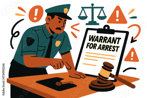 Warrant Desk Illustration. Warrant for arrest. Police desk with arrest warrant document, gavel, and abstract floating exclamation marks and legal icons;