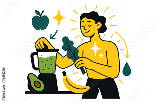 Glowing Smoothie Creation. Healthy fuel. Person glowing as they prepare smoothie with fruits and vegetables. Floating icons of apple, sparkle, and droplet