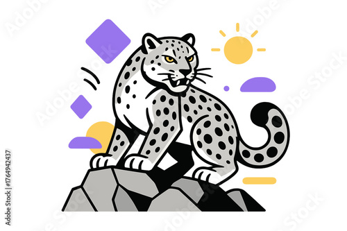 Snow Leopard Spectacle. Endangered Species. Snow leopard perched on rocky terrain with floating abstract geometric shapes and glowing accents, fierce and rare