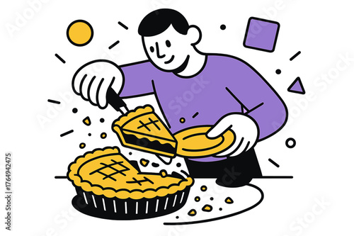 Slicing Homemade Pie. A Person Slicing into a Homemade Pie with Flaky Crust and Delicious Filling. Person serving a slice of pie onto a plate with floating