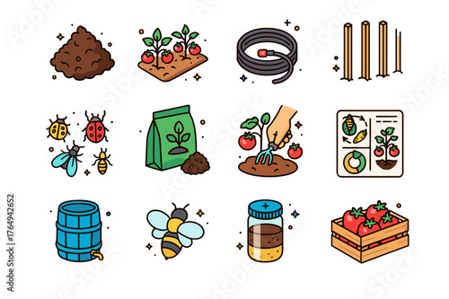 Organic Tomato Icons. Organic tomato farming. Colorful isometric vector icons set of Organic tomato farming: compost heap, mulch layer, drip irrigation hose,