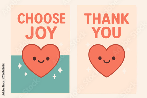 Kawaii Gratitude Banners. Gratitude. Two vertical A6 banners with safe margins, centered composition, no elements touching edges, kawaii, coral and teal,