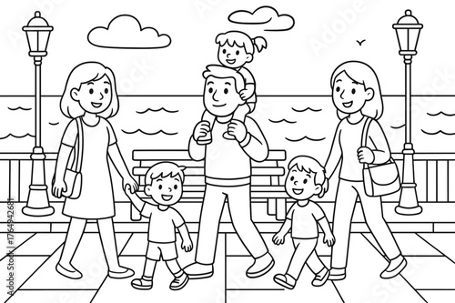 Seaside Stroll Coloring Page. Seaside promenade children?s coloring book illustration, outlined drawing, families walking along an ocean embankment with