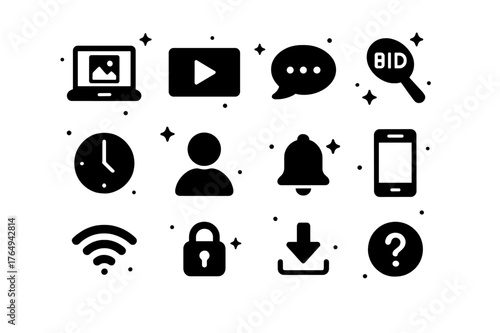 Online Art Auction Icons. Online art auction. Solid icons set of Online art auction: laptop with gallery, live stream play icon, chat bubble, bid button,
