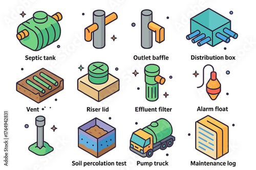 Septic System Icons. Septic systems. Colorful isometric vector icons set of Septic systems: septic tank, inlet baffle, outlet baffle, distribution box, leach