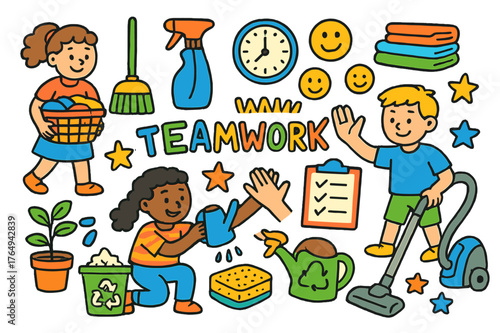 Teamwork Chore Icons. Teamwork chores. Colorful Hand-drawn doodle Children illustration Teamwork chores laundry basket, broom, dustpan, spray bottle, folded