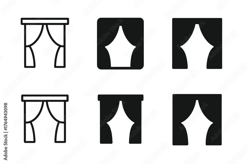 Fototapeta premium Window Curtain Logos. Closing the Curtains or Blinds. Set Logo of Window with Curtains: Minimal outline, Filled silhouette, Abstract geometric, Negative space,