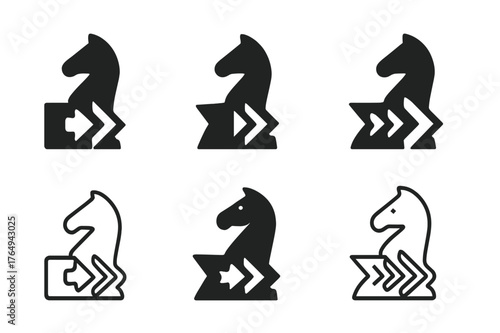 Political Influence Logos. Political influence. Set Logo of Political influence: chess knight guiding crowd arrows. Icon set. harmonious logo variations of the