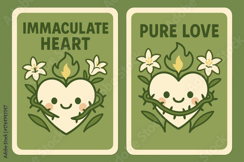 Kawaii Heart Banners. Immaculate Heart. Two vertical A6 banners with safe margins, centered composition, no elements touching edges, kawaii, olive green and