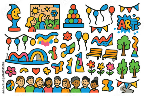 Vibrant Public Art Display. unconventional public art installations. Colorful Hand-drawn doodle Children illustration unconventional public art installations