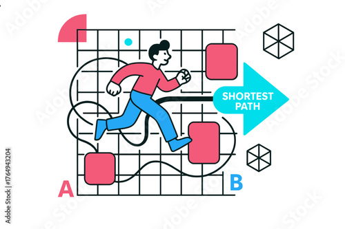 Shortest Path Diagram. Vector Displacement Diagram. A figure walks around obstacles, but a clean arrow cuts directly from A to B; ?Shortest Path? glows near