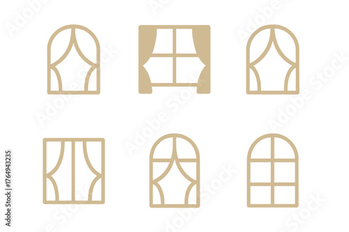 Ambient Bedroom Icons. A Soft and Calming Bedroom with Ambient Lighting. Set Logo of Window with Curtains: Minimal outline, Negative space, Flat solid,