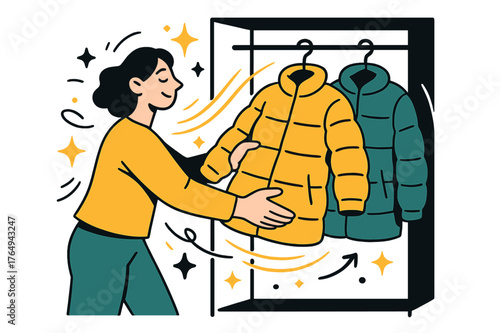 Organized Winter Wardrobe. Washing winter coats. Person storing freshly washed winter coats in wardrobe; abstract floating sparkles and soft motion lines