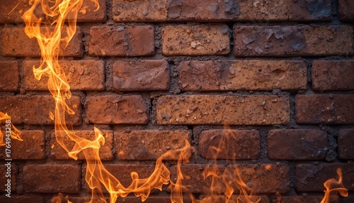 Vibrant flames dancing against a weathered brick wall, creating a dramatic and intense fiery backdrop with rich orange and red hues.