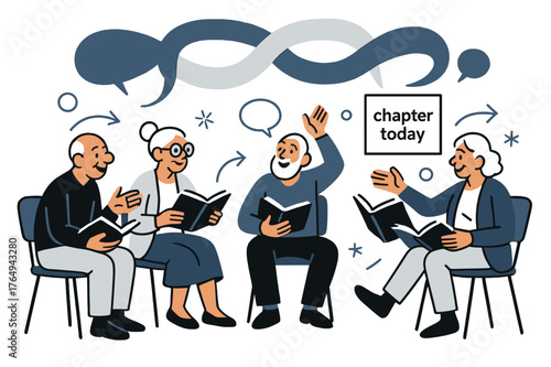 Lively Book Club. Elderly ? Book Club. A semicircle of chairs with seniors holding books; speech bubbles weave in a calm loop. Minimal poster on the wall: