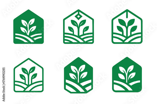 Greenhouse Logo Variations. Agricultural innovation and food security. Set Logo of greenhouse structure: harmonious logo variations of the same emblematic