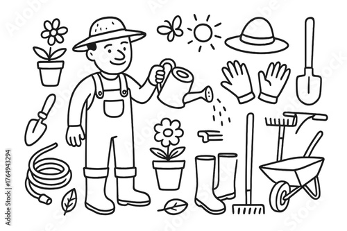 Gardener's Tool Collection. Gardener. Hand-drawn doodle illustration gardener watering can, shovel, rake, gloves, hat, boots, flower pot, trowel, hose,