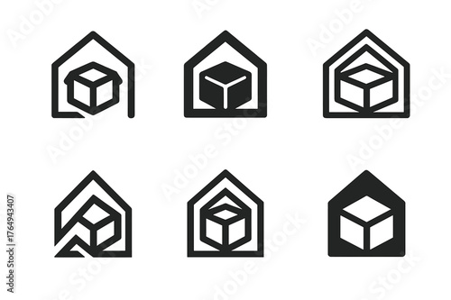 Attic Storage Logos. home storage solutions. Set Logo of home storage solutions: attic storage boxes. harmonious logo variations of the same emblematic