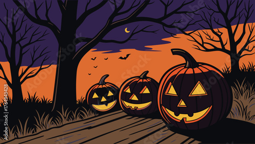 Halloween Twilight Pumpkins Path Spooky Night Scene