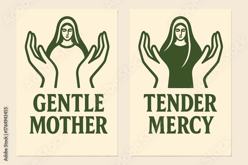 Gentle and Tender Banners. Motherly Care. Two vertical A6 banners with safe margins, centered composition, no elements touching edges, bold, olive green and