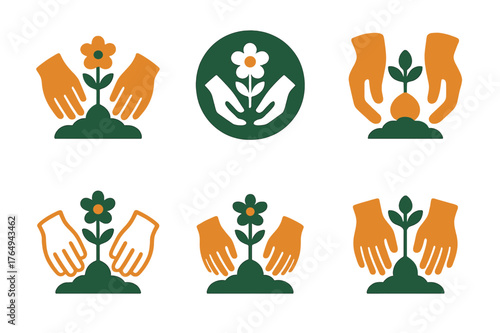Gardener Logo Variations. Gardeners planting flowers and shrubs. Set Logo of Gardeners planting flowers and shrubs: gloved hands planting a flower bulb. Icon