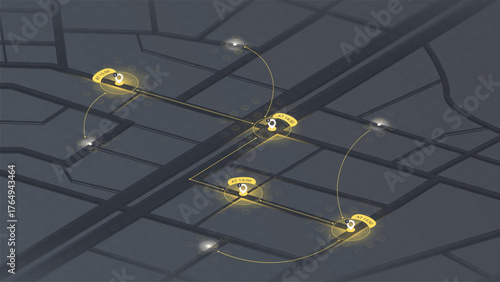 Futuristic navigation route with time indicators and glowing location pins on digital city map. Vector illustration