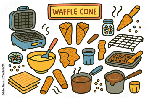 Waffle Cone Wonderland. Waffle cone bakery. Colorful Hand-drawn doodle Children illustration Waffle cone bakery waffle iron, batter bowl, cone roller, sugar