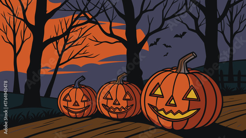 Halloween Pumpkin Path Spooky Night Bats Forest Glow