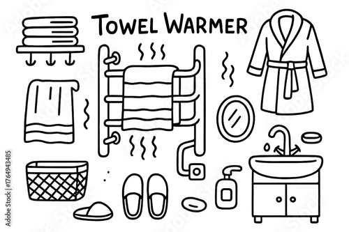Bathroom Essentials Doodle. Towel Warmer. Hand-drawn doodle illustration Towel Warmer electric towel rack, hanging towel, steam, bathroom, hooks, folded