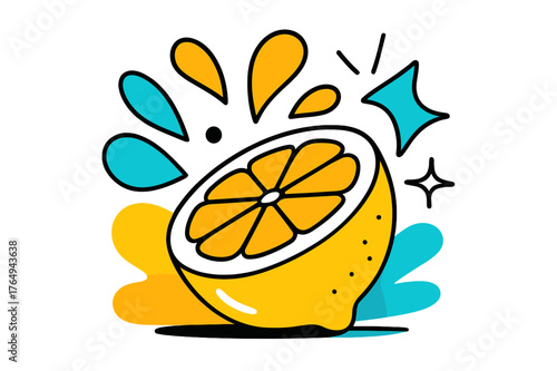 Abstract Lemon Art. Sliced Lemon. Fresh lemon sliced in half with floating abstract geometric juice droplets and light accents, vibrant and refreshing scene.