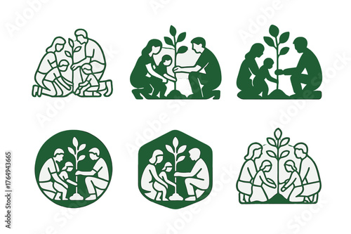 Family Gardening Icons. A family spending time outdoors, tending to their garden or yard. Set Logo of A family spending time outdoors, tending to their garden