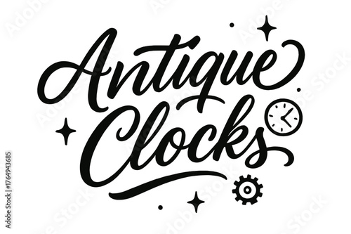 Elegant Antique Clocks. Script Hand-Lettering ? "Antique Clocks" in flowing brush script, semi-cursive with smooth strokes, slight upward tilt to convey