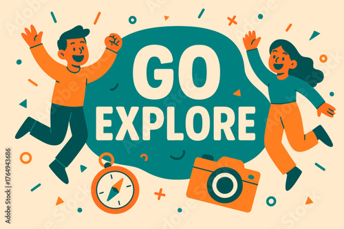 Go Explore Banner. Go explore banner, flat vector illustration, bold oversized text inside rounded blob, cartoon characters jumping and waving, compass and