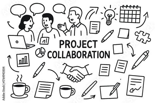 Teamwork Doodle Icons. Project Collaboration. Hand-drawn doodle illustration Project Collaboration people discussing, laptop, charts, graphs, documents, pen,