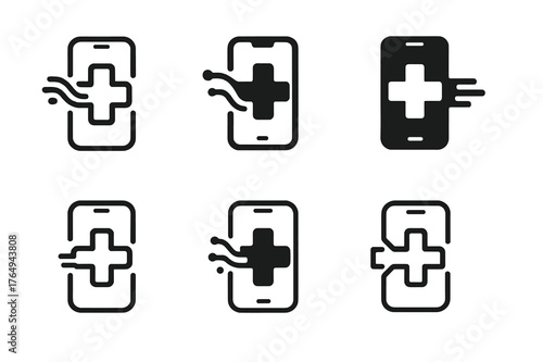 Telemedicine Logo Variations. Telemedicine app interface. Set Logo of Telemedicine app interface: a phone and cross connected by digital waves. harmonious logo